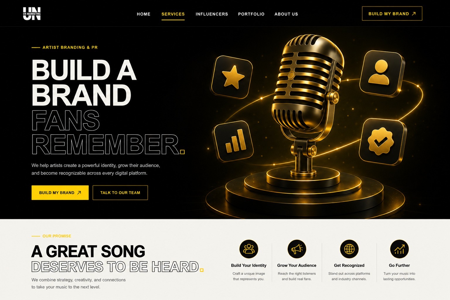 Artist branding and PR with a golden microphone, audience growth, recognition and performance icons