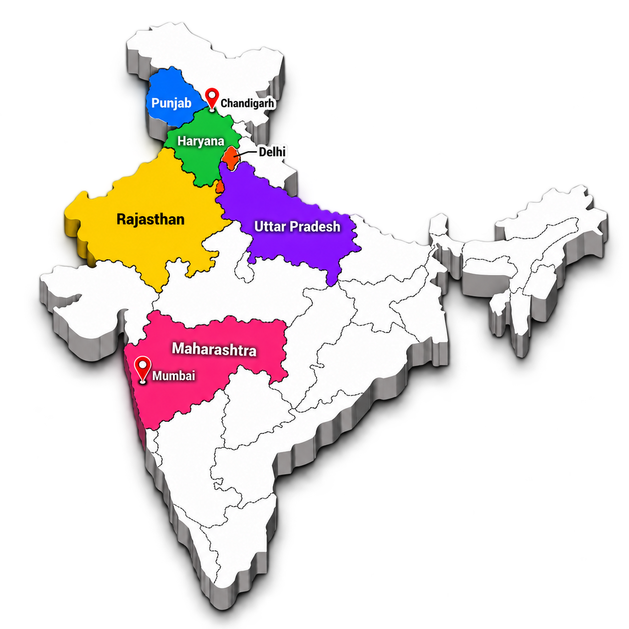 India influencer network coverage map highlighting Punjab, Haryana, Rajasthan, Uttar Pradesh, Maharashtra, Delhi, Chandigarh and Mumbai