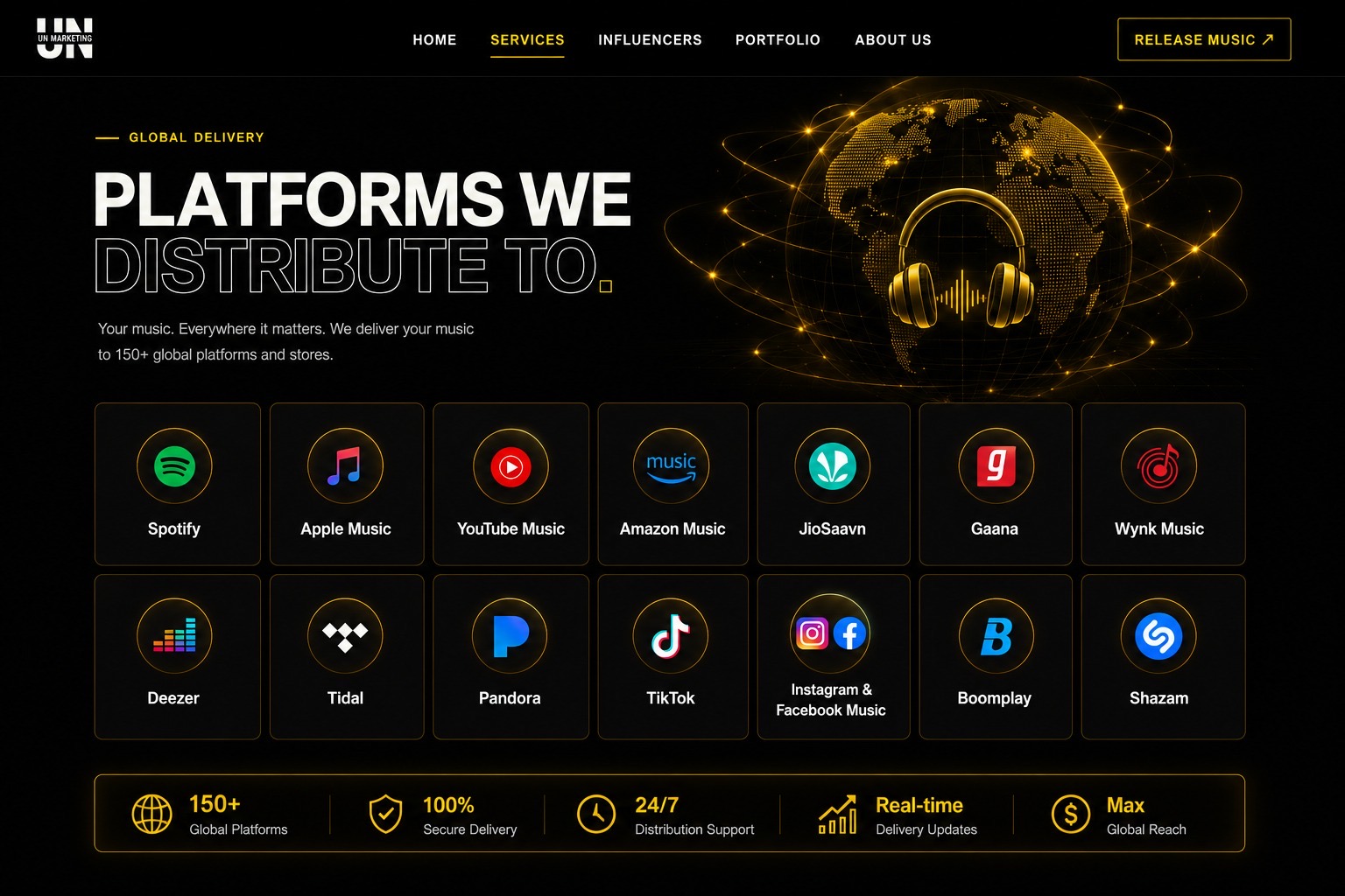 Spotify, Apple Music, YouTube Music, Amazon Music, JioSaavn, Gaana, Wynk Music, Deezer, Tidal, Pandora, TikTok, Instagram and Facebook Music, Boomplay and Shazam