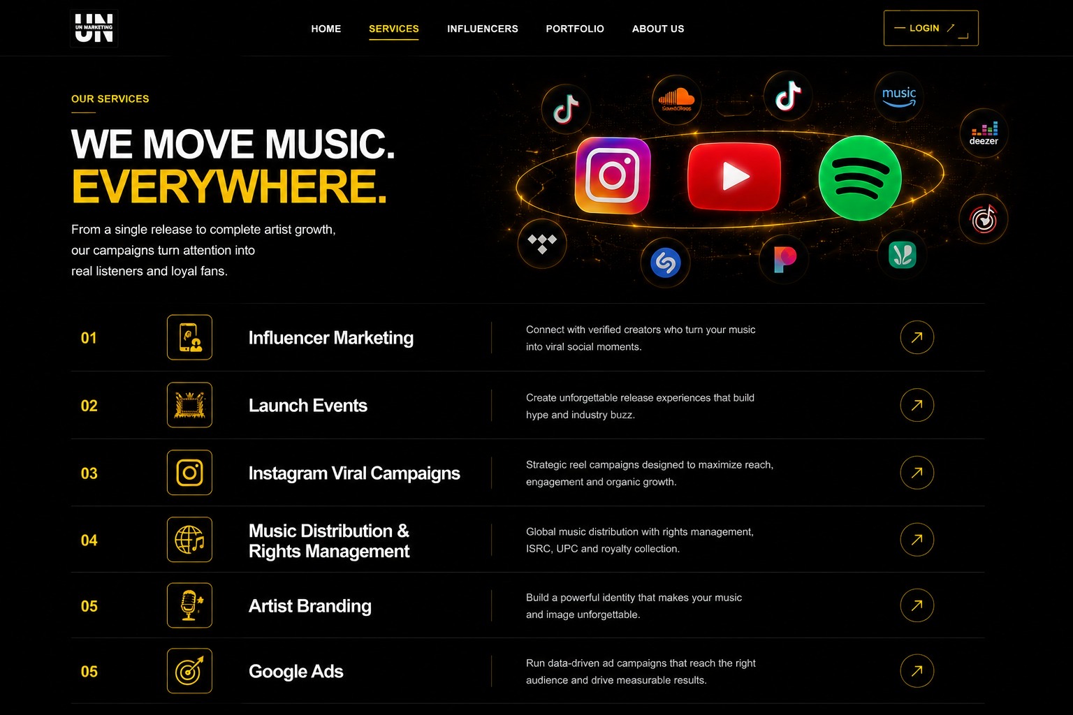 UN Marketing services page with music platform visual and six service categories